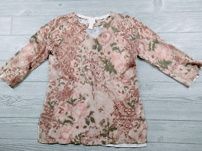#ad Chicos Shirt Womens 0 M Floral 3 4 Sleeve Round Neck Textured Stretch Hem Accent $11.99