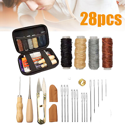 #ad 28Pcs Leather Waxed Thread Stitching Needles Awl Hand Tools for Sewing Craft Kit $9.06