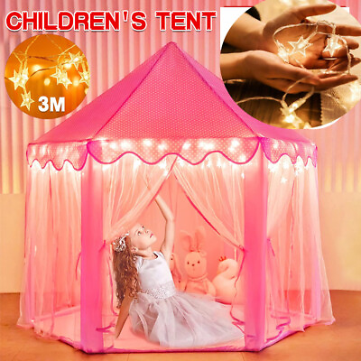 #ad Pink Princess Castle House Indoor Outdoor Kids Play Tent for Girls w LED Lights $25.90