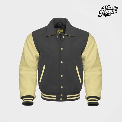 #ad Gray Wool Cream Leather Sleeves Collar Varsity Letterman Jacket Retro Baseball $114.00