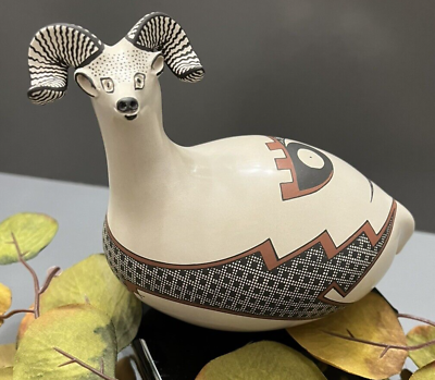#ad Mata Ortiz Pottery Effigy Long Horned Sheep Ram Folk Art Jerardo Tena Mexico $325.00
