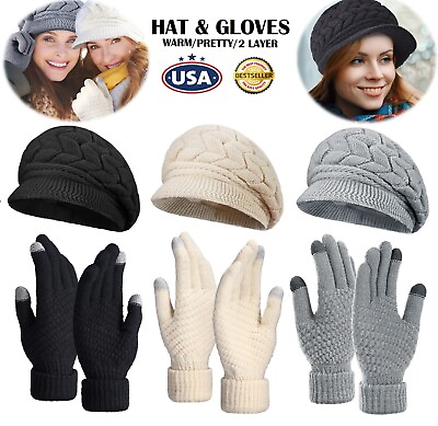 #ad Women Winter Slouchy Knit Hat Knit Touchscreen Gloves Set Fleece Lined Gift US $10.16