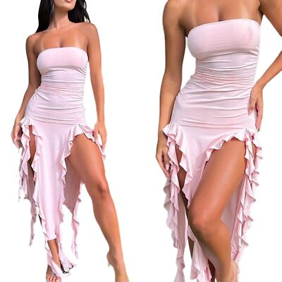 #ad DOUCIU Women Sexy Strapless High Side Split Backless Irregular Bodycon Sleeve... $34.43