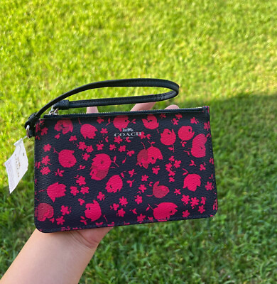 Coach Small Sienna Rose Print F56026 Midnight Pink Ruby Coated Canvas Wristlet $39.99