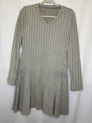 #ad Solid Gray V Neck Ribbed Knit Lightweight Comfy Sweater Dress $12.00