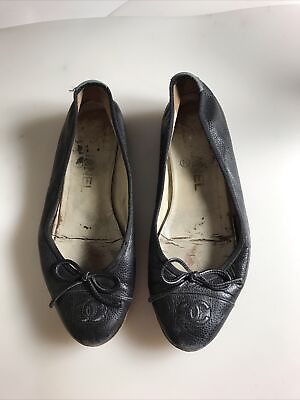 #ad Chanel Ballet Flats Size 36 Cap Toe CC Graphite Soft Leather Ballerina Shoes $229.00