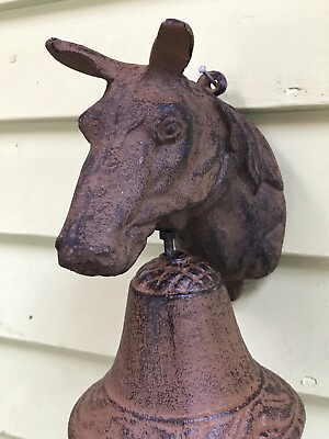 #ad VINTAGE CAST IRON HORSE HEAD BELL WALL MOUNT UNIQUE ABOUT 9” Tall $30.00