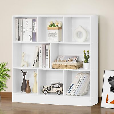 #ad YAHARBO White 3 Tier BookshelfWide Modern Horizontal BookcaseWood Low Book She $289.83