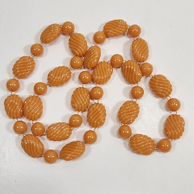 #ad Avon Butterscotch Necklace Beaded Ribbed 28quot; Vtg 1980s Plastic Orange Jewelry $9.74