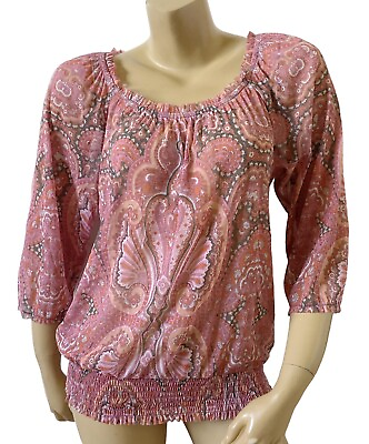 #ad INC Womens Size Large Sheer 3 4 Sleeve Damask Tribal Boho Peasant Blouse Shirt $15.19
