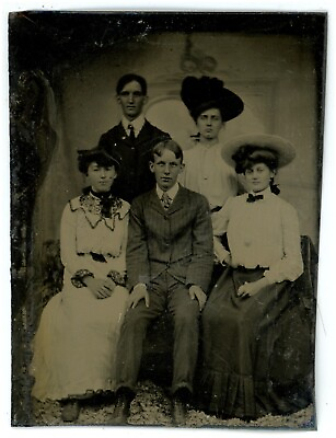 #ad CIRCA 1860#x27;S 1 6 Plate TINTYPE Featuring 2 Young Men and 3 Women in Fancy Garb $19.99