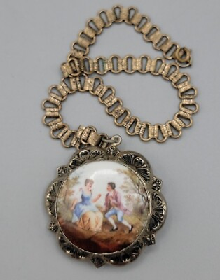 #ad Vintage Chunky Victorian Courting Scene Porcelain Cameo Locket Pendant $125.00
