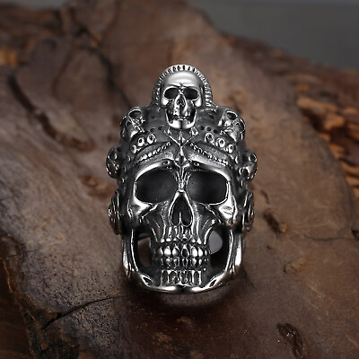 #ad Gothic Skull Crown Skull King Ring Stainless Steel Men#x27;s Biker Punk Skull Ring $12.98