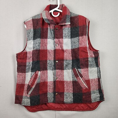 #ad Vintage Montgomery Ward Reversible Plaid Flannel Puffer Vest Red Men#x27;s Large $27.50