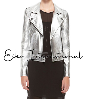 #ad Women Metallic Silver Motorcycle Jacket Womens Real Leather Biker Jackets $157.31