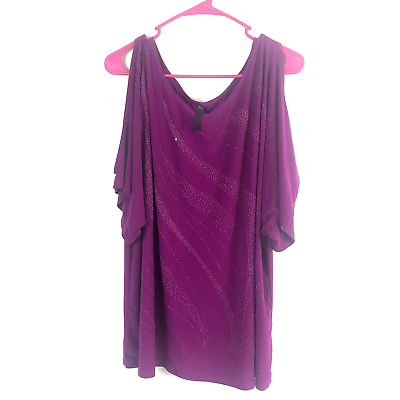 #ad Womens Forever Jade Purple Beaded Round Neck Cold Shoulder Short Bat Wing Sleeve $12.97