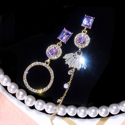 #ad Fashion Crystal Earrings Asymmetrical Purple Diamond Party Woman Gift Earrings $4.79