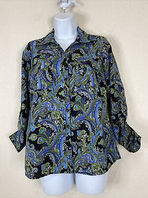 #ad NY Collection Womens Size PS Blue Green Paisley Button Up Shirt Long Sleeve $8.43