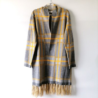 #ad All At Once Womens Gray Gold Fringe Open Plaid Front Hooded Jacket Size XL $26.95