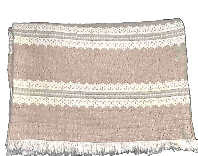 #ad Piscatextil Textured Patterned Fringed Cotton Throw Blanket Beige Ivory 50x78 $38.00
