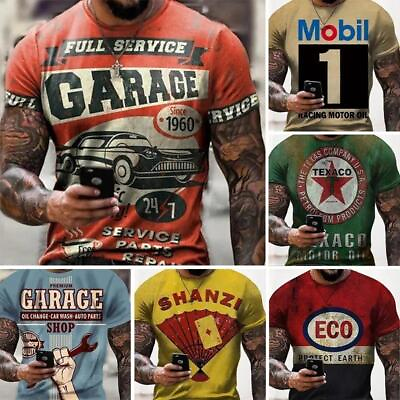 #ad Men Vintage Pattern Distressed T shirt Retro Oil Painting Style Racing Cool Tops $12.49