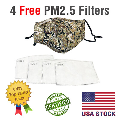 #ad FACE MASK Washable COTTON BLACK GOLD PAISLEY Nose Wire With 4 FREE PM2.5 Filters $5.95