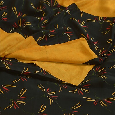 #ad Sanskriti Vintage Sarees Yellow Black Pure Crepe Silk Printed Sari Craft Fabric $38.00