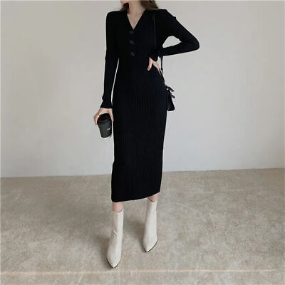 #ad Woman#x27;s Knitted Autumn Winter Clothes V Neck Women Sweater Dress New Dress $26.16