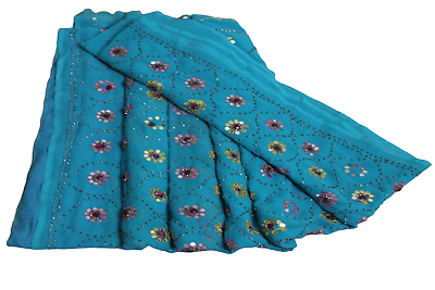 #ad Indian Saree Blue Dress Women Wrap Embroidered Sari Traditional Clothing Dress $16.19
