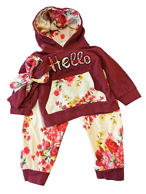 #ad Baby Girls 3 Piece Spring Set 6 to 9 Months Floral Maroon Hoodie Pants Headband $9.95