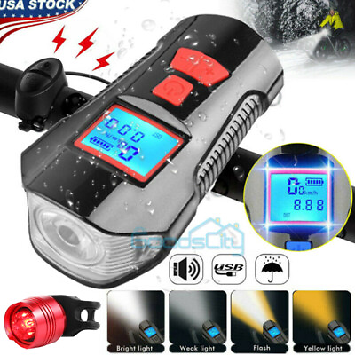 #ad USB Rechargeable LED Bicycle Headlight Bike Front Rear Light w Horn Speedometer $13.75