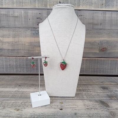 #ad Jewelry Set Silver Tone Strawberry Rhinestone Dangle Pierced Earrings Necklace $21.95
