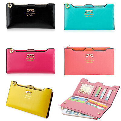 #ad Women#x27;s Long Leather Thin Wallet Cute Bow Purse Multi ID Credit Card Holder Gift $6.98