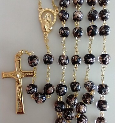 #ad Catholic Rosary Murano Black Glass Glow in the Dark Gold Tone $49.99