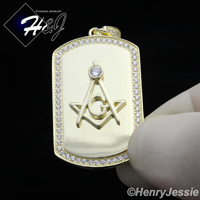 #ad 925 STERLING SILVER ICY CUBIC ZIRCONIA GOLD PLATED MASONIC DOG TAG PENDANT*SP85 $44.99