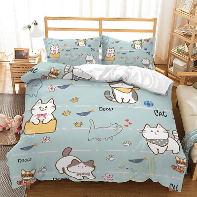 #ad Pet Kitten Duvet Cover Quilt Cover Pillowcase Twin Queen Bedding Comforter Cover $9.99