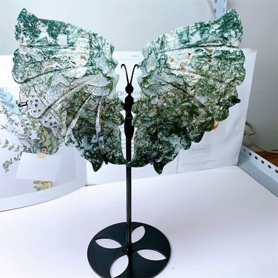 #ad Natural Moss Agate Butterfly Crystal Wings Healing Reiki Statue Decor Stand $74.34