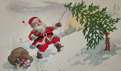 #ad Vintage 1920s Santa Christmas Postcard Gibson Lines Gift Sack Tree $10.46