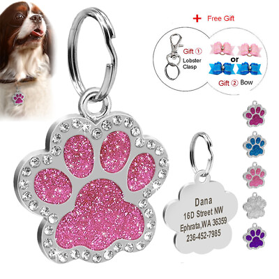 #ad Glitter Rhinestone Personalized Dog ID Tag Cute Paw Print Pet Name Disc Engraved $8.49