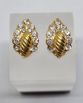 #ad Beautiful Gold Tone Diamante Leaf Costume Earrings Pierced GBP 7.99