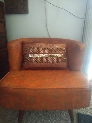 #ad Vintage Red Jacquard vinyl barrel back chair all original rare wood legs  $300.00