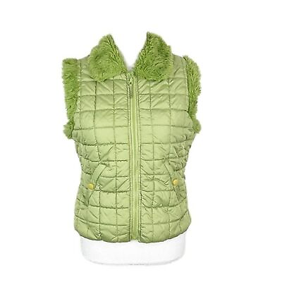 #ad Marcelle Renee Vest Women Large Green Fur Quilted Puffer Junior Zip Front Active $7.50