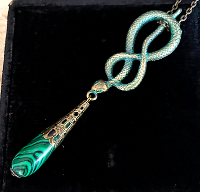#ad Snake Necklace Egyptian Revival Coiled Green Mamba Pendant Malachite Drop $24.00