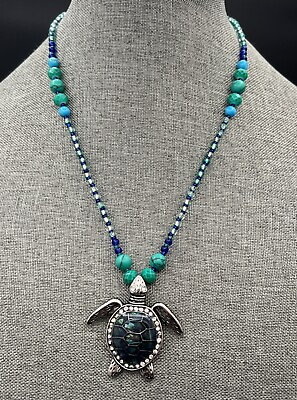 #ad NECKLACE Turquoise Blue Colored Beads w Rhinestones Around Turtle Pendant $19.99