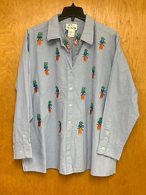 #ad Vintage Quacker Factory Button Up Womens 2X Blue Long Sleeve Shirt Carrots *Flaw $20.00