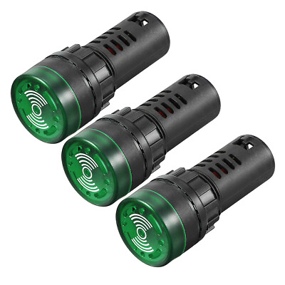 #ad 3pcs Pilot Light AC 220V Panel Indicator Flashing Alarm with Buzzer Green LED $9.19