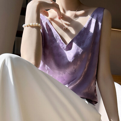#ad Summer Silk Camisole Vest Women#x27;s Inner Layer Satin Jacquard V neck Shirt Blouse $37.59