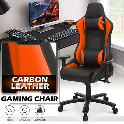 #ad Orange CARBON FIBER FABRIC Racing Chair Leather Ergonomic Swivel Computer Seat $264.99