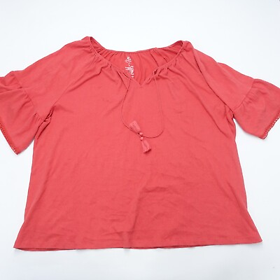 #ad St. John#x27;s Bay Blouse Womens 2X Red Cotton Stretch Drawstring Neck Short Sleeve $16.19