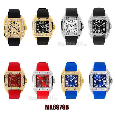#ad Watch Bling Gold Plated Iced Icy Simulated Diamond Square Silicone Band Hip Hop $18.99
